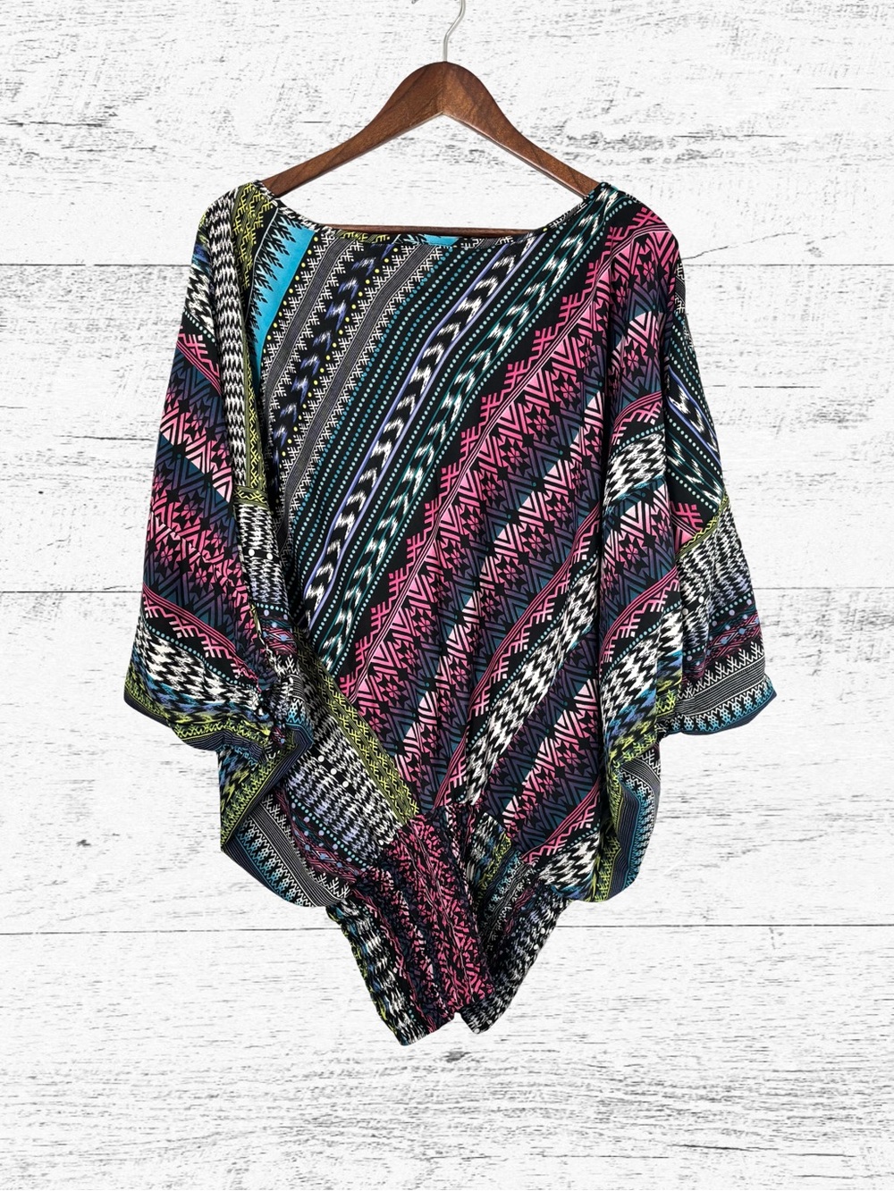 Elan Pink and Blue Asymmetrical Dolman Sleeve Blouse